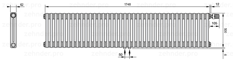 Схема (чертеж) Радиатор Zehnder Charleston 2050/38 №V008 Белый глянцевый RAL 9016